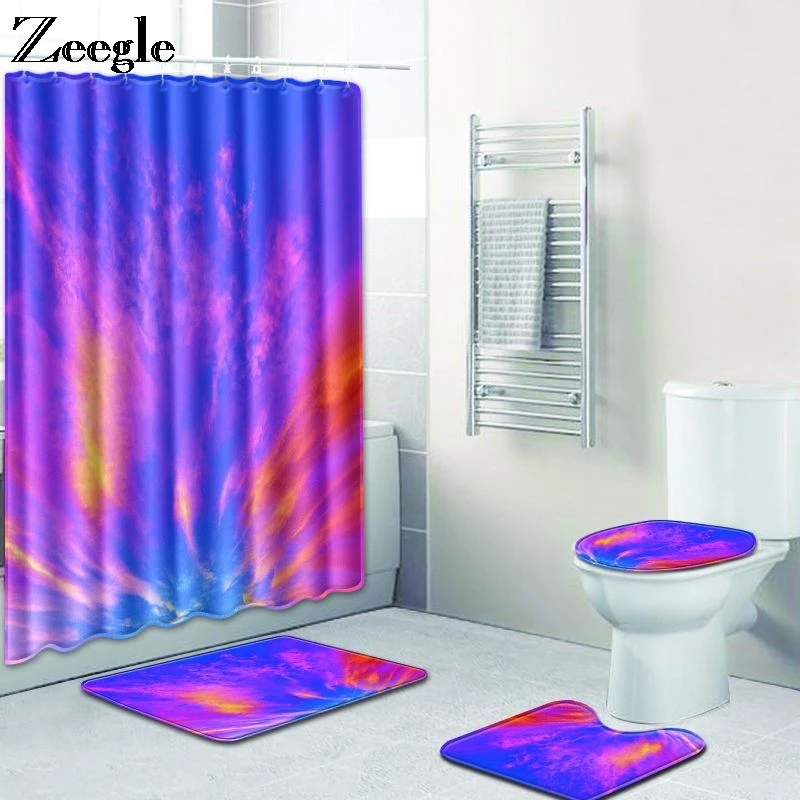 Zeegle Shower Curtain Set with Bath Mat Toilet Decor Rug Set Anti-slip Bath Foot Mat Doormat Washable Floor Rug 4pcs Toilet Set