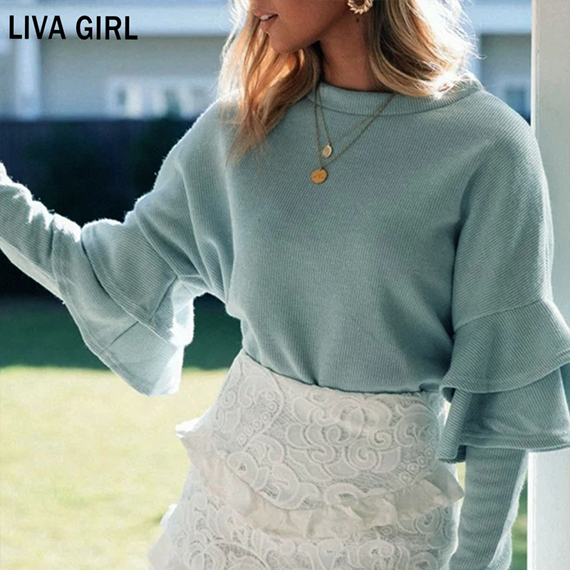 Live Girl Европа и США 2019 г. Осенне-зимняя рубашка с оборками и длинными рукавами вязаное платье с рукавами летучая мышь