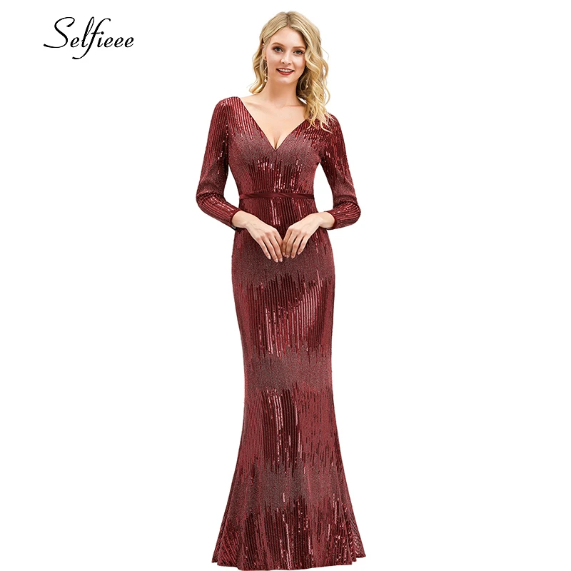 Luxury Burgundy Sequin Dress V-Neck Long Sleeve Women Sexy Bodycon Maxi Dress Elegant Autumn Winter Party Gowns Robe Femme