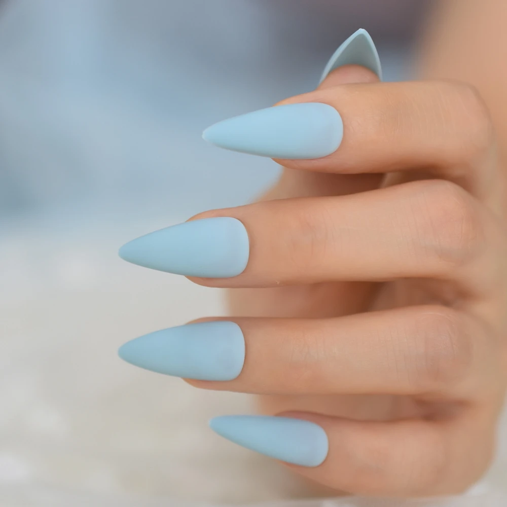 Matte Baby Blue Stiletto False Nail Frosted Press On Ballet Fake Nails Tips Reusable Wear Party Nail Tips Faux Ongle 24pcs Set False Nails Aliexpress