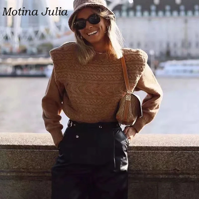 Motina Julia, осенне-зимний вязаный свитер из двух частей, женский джемпер с круглым вырезом, повседневный вязаный пуловер, вязаные свитера для женщин