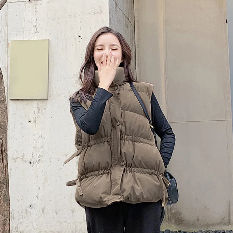 Dark Khaki Корейский женский жилет осень зима шикарная куртка женский свободный приталенный хлопковый жилет с завязками модное однотонное элегантное женское пальто - Color: Dark Khaki