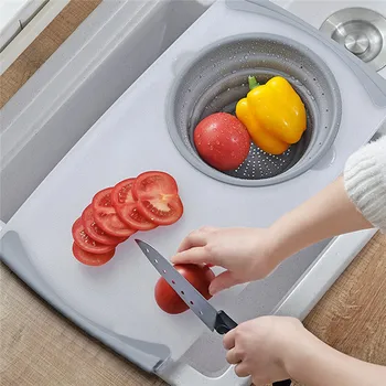 

Kitchen Table Flexible Cutting Board Silicone Folding Drain Basket Cooking Storage Kitchen Stuff Collapsible Colander Set