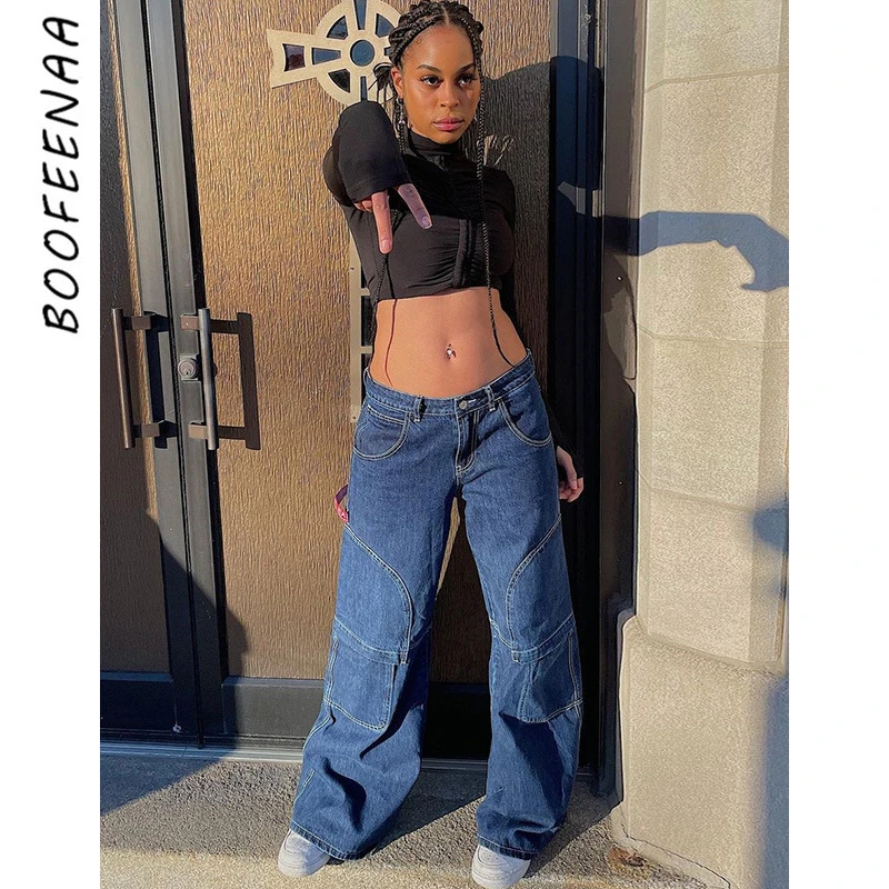 

BOOFEENAA Streetwear Low Rise Baggy Jeans Women Loose Wide Leg Pants Y2k Dark Blue Denim Cargo Pants E Girl Trousers C83-EF67