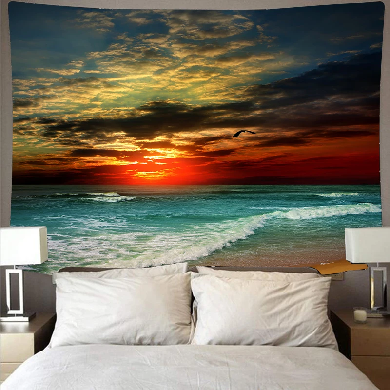 

Beautiful dusk beach giant wave landscape tapestry polyester wall cloth art tapestry hippie wall hanging psychedelic beach towel