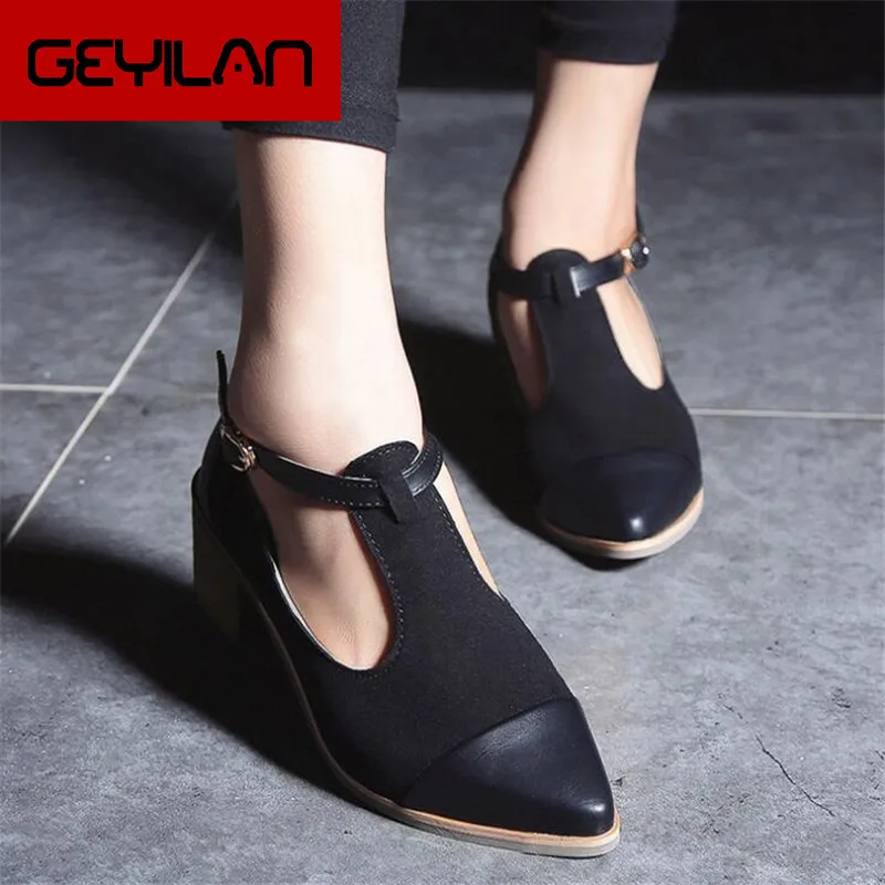 

New Spring Low Heels Oxford Women Shoe Women Pointed Toe Cut Out Med Heel Patchwork Buckle Ladies Non-slip High heels Y25