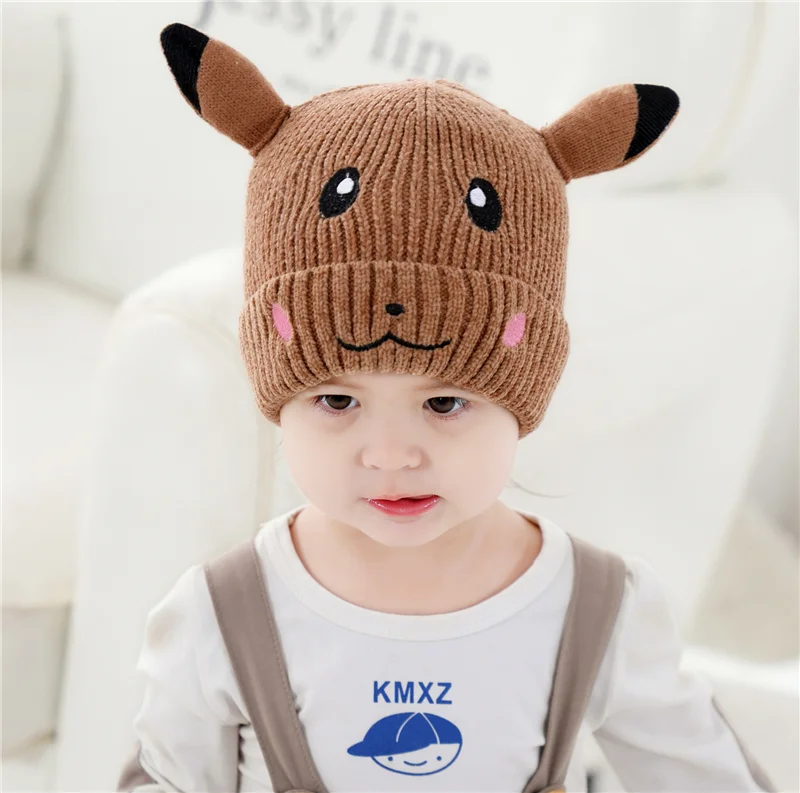Вязаная Зимняя шапочка для детей 1-5 лет, Шапочка-бини с мультяшным рисунком, одноцветная шапка унисекс