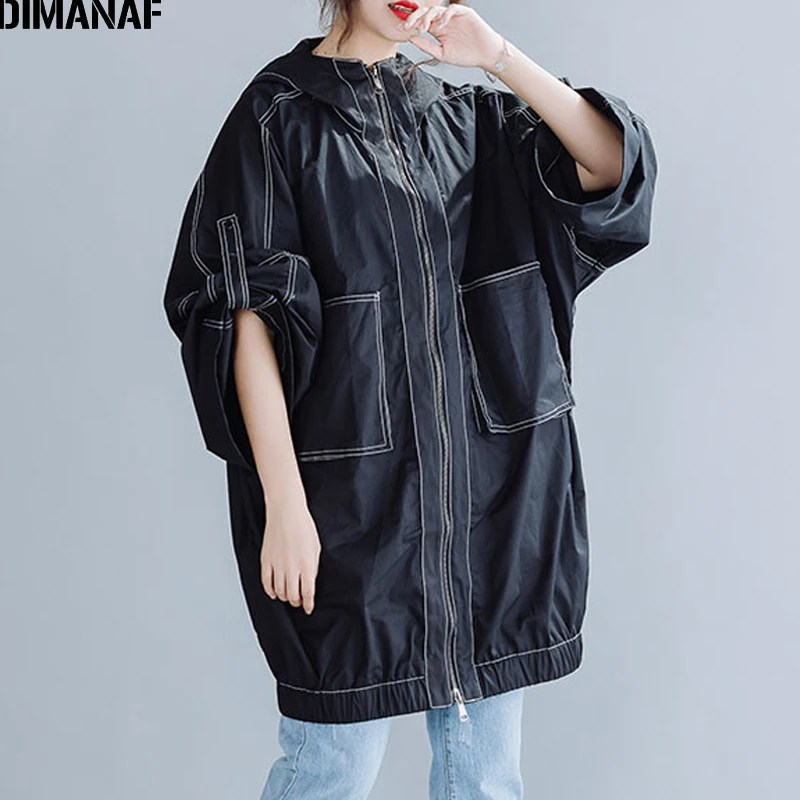 Tao8713 DIMANAF/женские куртки больших размеров, пальто, осеннее пальто с капюшоном на молнии, кардиган, Повседневная Свободная Базовая верхняя одежда, женская одежда черного цвета - Цвет: Tao8713