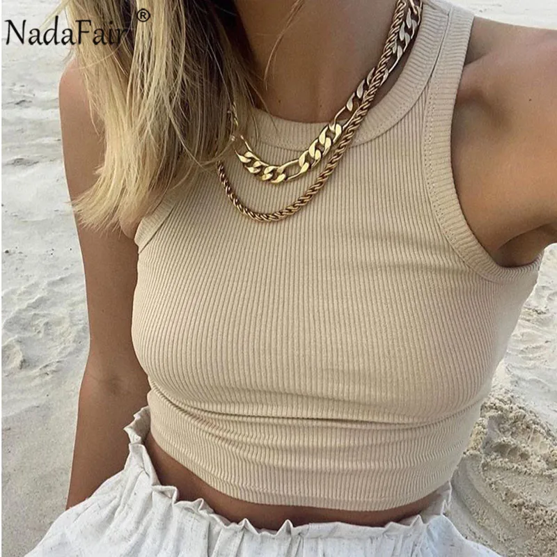 

Nadafair Ribbed Crop Top Women Cute Candy Color Knitted Solid O Neck Casual Sexy Summer Fitness Tank Tops Streetwear