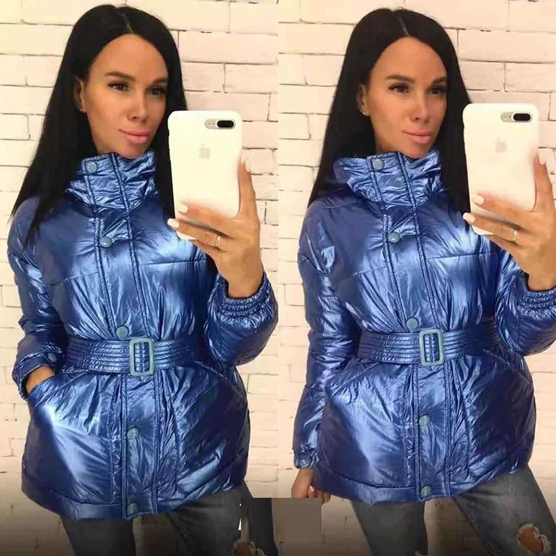 Voobuyla/Блестящая серебряная куртка для женщин; зимнее пальто с поясом; Женская куртка-бомбер с хлопковой подкладкой; парка с капюшоном; Abrigos Mujer Invierno
