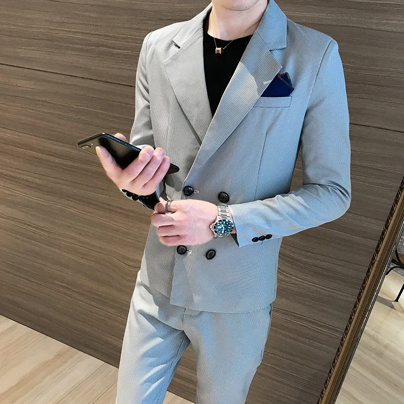 2019 autumn new men's fashion double-breasted plaid suit two-piece suit (blazer + suit pants) men's fashion slim casual suit 2019 autumn new men's fashion double-breasted plaid suit two-piece suit (blazer + suit pants) men's fashion slim casual suit