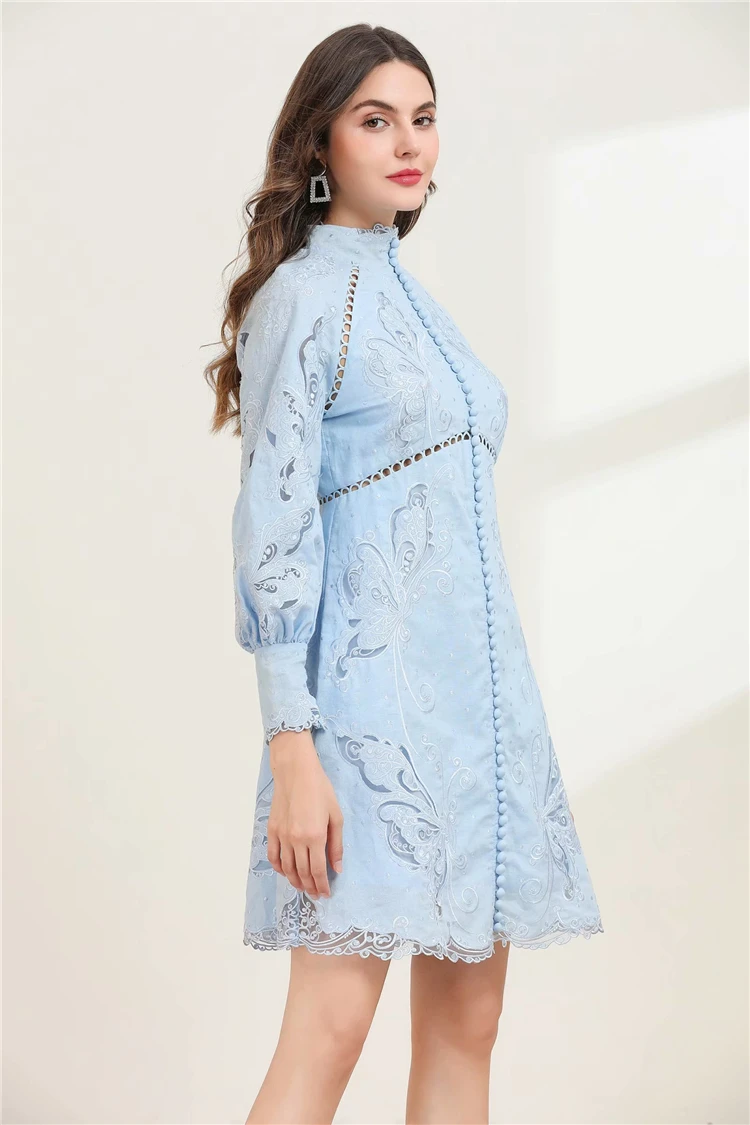 Truevoker дизайнерские льняные платья для подиума Женские Длинные рукава синяя вышивка крючком вырез Мини Вечерние платья для отдыха Femme Ete