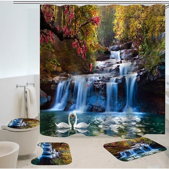 

Bathroom Shower Curtain Flower Landscape painting Waterproof Bath Curtain Sets Toilet Cover Mat Non-Slip Bathroom Rug Set
