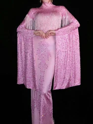 Women Singer Stage Wear Bat Sleeve Pink Rhinestones Tassel Long Dress Show Performance Outfit Party Birthday Dress for Women