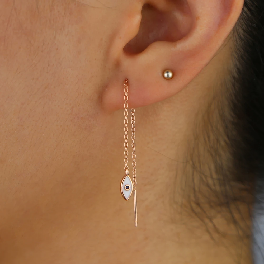 Tassel chain earring Silver Rose gold Color Cute tiny turkish evil eye charm Thin Threader chain earrings for women