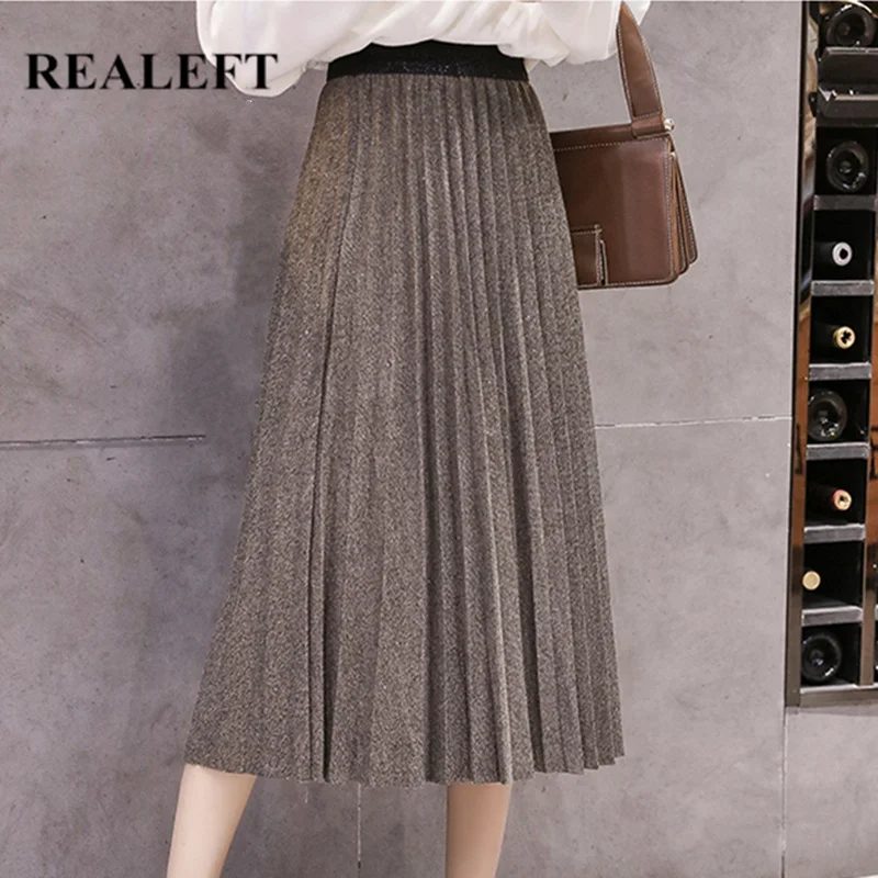 REALEFT осенние женские элегантные шикарные гофрированные длинные юбки с высокой талией Харадзюку тюлевые трапециевидные женские юбки до середины икры Новинка