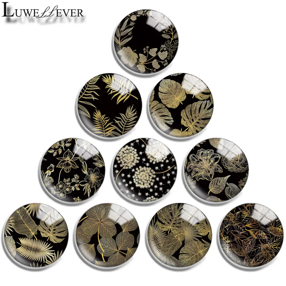 12mm 16mm 20mm 25mm 30mm 40mm 725 Golden Leaves Mix Round Glass Cabochon Jewelry Finding 18mm Snap Button Charm Bracelet | Украшения и