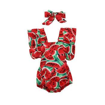 

Baby Girls Romper 2-Piece Set, Sleeveless Ruffle Watermelon Pattern Waist Design Jumpsuit Romper with Bow Hair Band