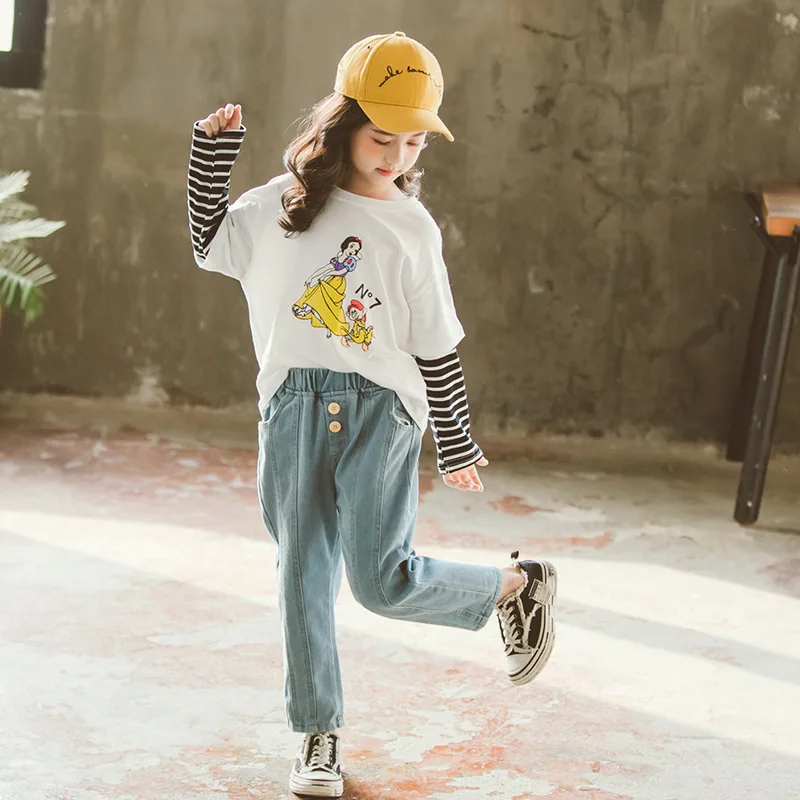 

Girls Spring Clothing 2020 New Style Korean-style Western Style Big Kid Striped Sleeve T-shirt Jeans Set 1803c-1089