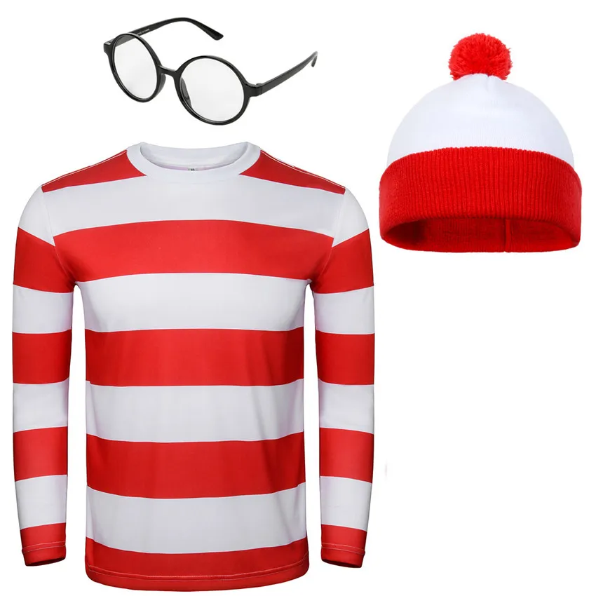 Whawes Wally Costume Red Stripe Shirt Hat Glasses Completi Christmas Party Adult Kid Abbigliamento Cosplay