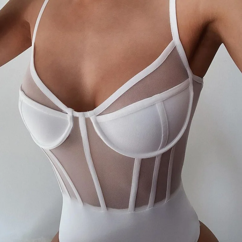 Sytiz Sexy See-through Low Chest Bodysuit 2020 Fashion Women Summer Backless Mesh Spaghetti Strap Bodysuit Party Clothes