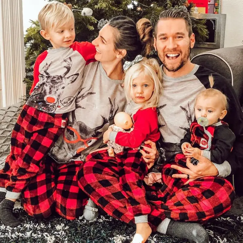 XMAS PJs Family Matching Adult Women Kids Christmas Deer Printed Plaid Nightwear Pyjamas Pajamas