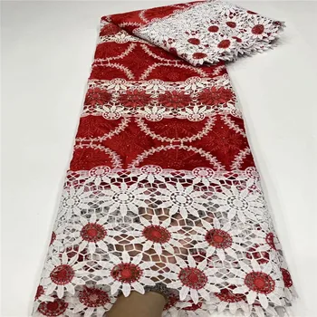

red 100% Cotton Hiigh Quality African velvet Lace Embroiderey Water soluble Lace With Holes Dubai Laces For Wedding Dress Sew