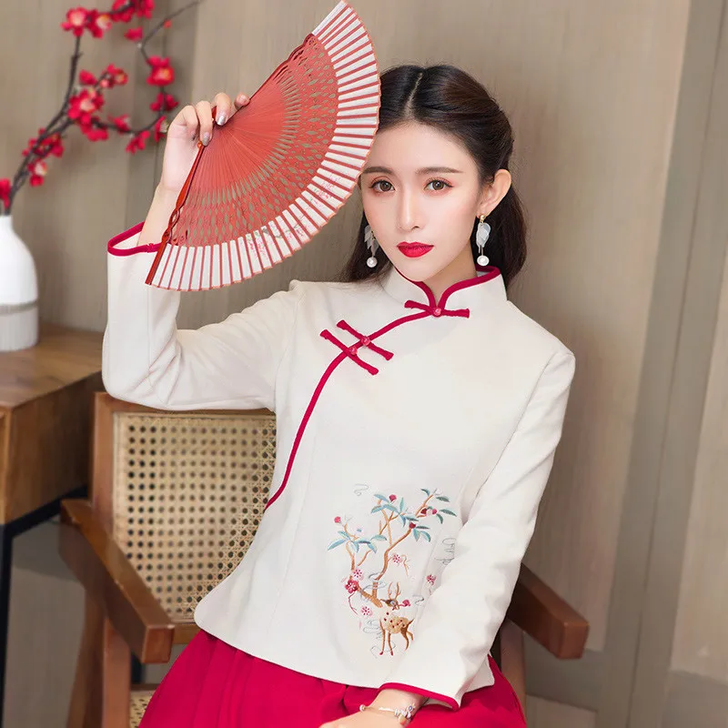 Sheng Coco абрикосовый белый топы Ципао рубашка Cheongsam топы Hanfu костюм китайский стиль жемчуг Pankou блузка красная юбка 3XL
