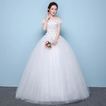 

Boat Neck Tulle Wedding Dresses with Lace and Handmade Flowers 2020 In Stock Bride Dress Cheap China Bridal Gowns