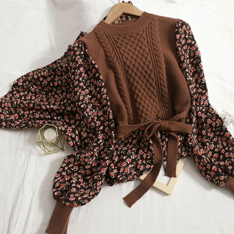 

New Autumn Winter Women O-Neck Bandage Knited Dress Vintage Corduroy Patchwork Floral Print Dresses Long Sleeve A Line Vestidos