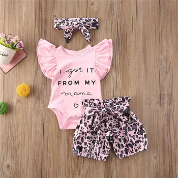 

Summer 3PCS Toddler Girls Clothes Baby Flying Sleeve Bodysuits Leopard Shorts Bowknot Headband Outfits Clothes