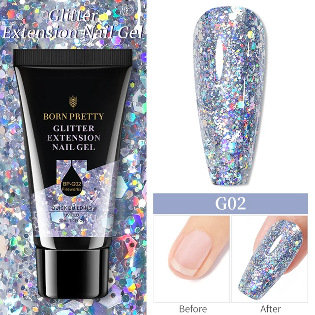 BORN PRETTY 30/20ml Glitter Acrylic Gel Finger Extension Silver Pink Extension Gel Soak Off Nail Art Gel Varnish G02