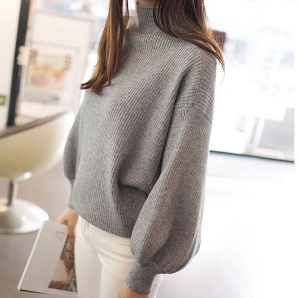 

Winter Turtleneck BeAvant Women's Knitted Sweater Lantern Sleeve White Female Sweater Loose Oversized Knit Pullover feminino A4