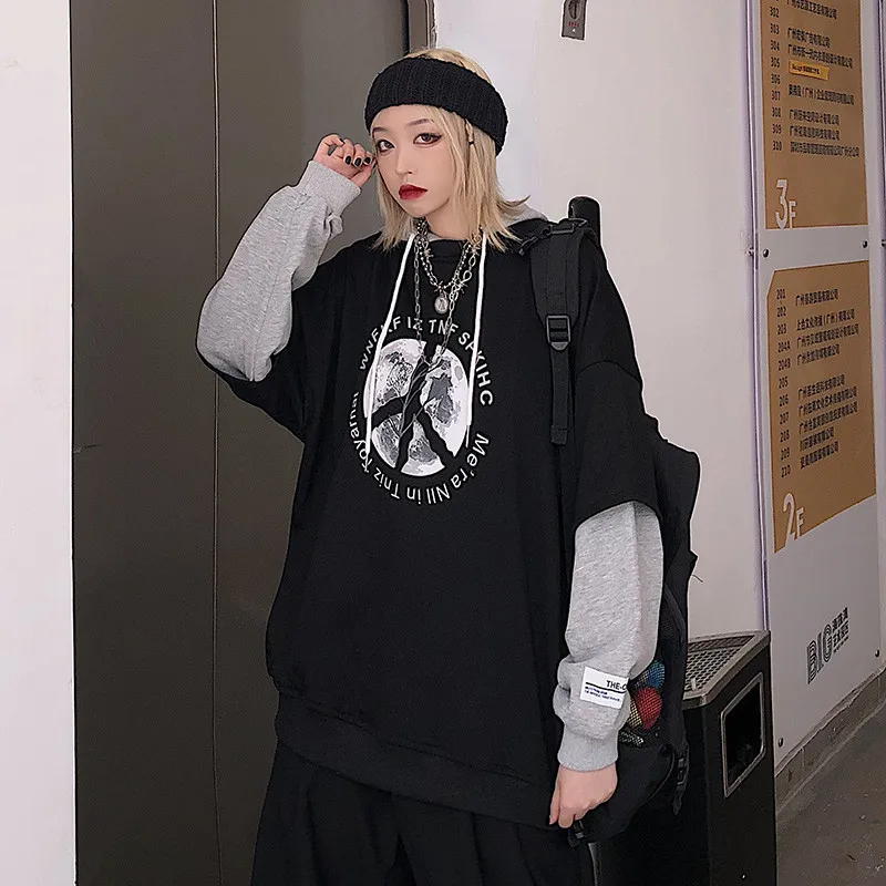Lychee Harajuku Повседневный Женский пуловер из 2 частей с буквенным принтом, Лоскутная Женская толстовка с капюшоном, свободные осенние дамские свитшоты, топы