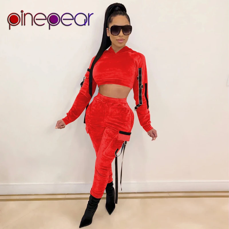 PinePear Winter Velvet Sports Wear for Women Gym Tracksuit Crop Hoodies Clothes Set Velour Jogging Suits Wholesale