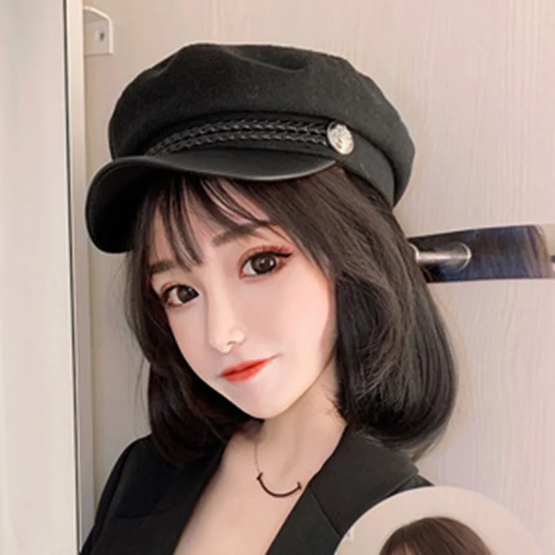 Hats with Wig Attached for Women Cap with Short Bobo Black Straight Hair Costume Disguise KG66