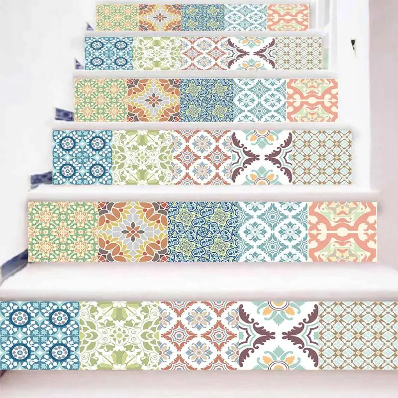 

6pcs/set 3D Beautiful Mandala Staircase Colorful Stair Riser Floor Sticker Self Adhesive DIY Stairway Waterproof PVC Wall Decal
