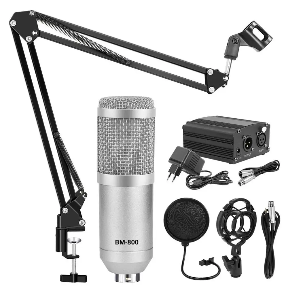 Bm 800, студийные комплекты микрофона, профессиональный bm800, конденсаторный микрофон, комплект, подставка, bm-800, караоке, микрофон, поп-фильтр, фантомное питание - Цвет: Silver grey kits 3