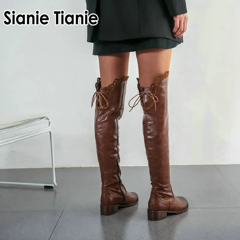 

Sianie Tianie 2019 PU loose winter horse riding boots women chunky med heels cowgirls overknee over-the-knee high boots with lace ruffles female comfortable equestrian round toe boots shoes black brown ladies footwear