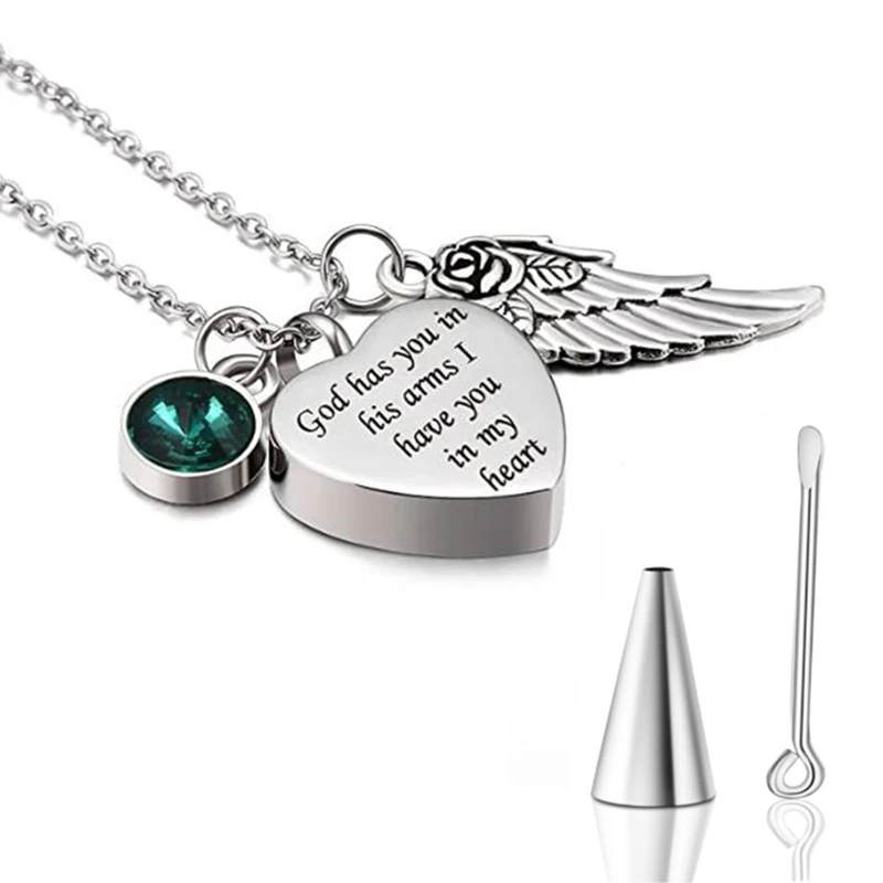 Gott hat Sie in seine arme mit Engel Flügel Charme Feuerbestattung Asche Schmuck Andenken Denkmal Urne Halskette mit Birthstone Kristall – Detail 8