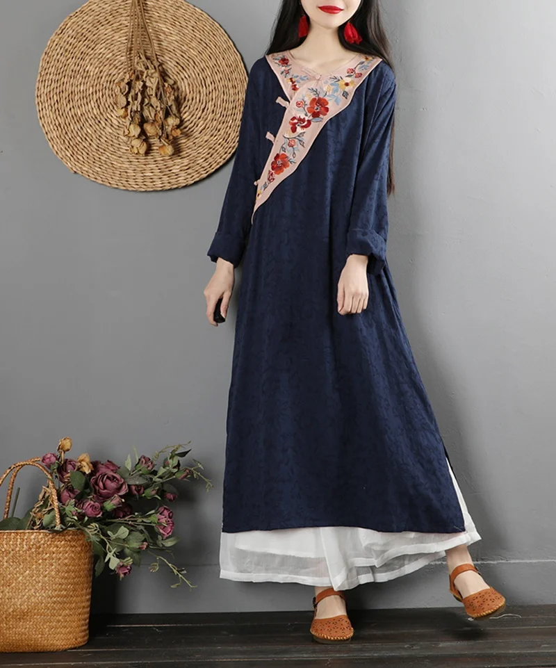 Retro Dress Stand Collar Long Sleeve Loose Casual Robe Vintage Femme Chinese Style Cheongsam Cotton Linen Women Dresses TA2092