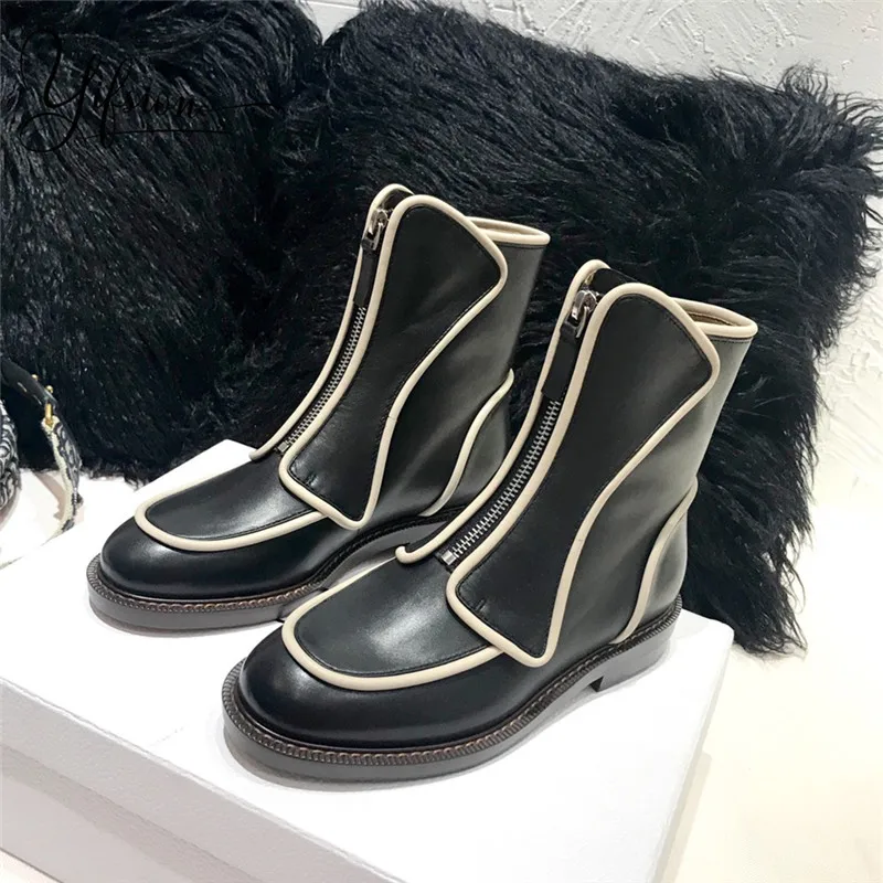 

OLOME New Fashion Genuine Leather Women Ankle Boots Round Toe Front Zip Thick Low Heel Boots Women Real Leather Shoes Woman