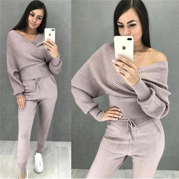 

Spring Autumn Knitted tracksuit V neck sweatshirts Casual Suit Women clothing 2 Piece set Knit pant Sporting suit Female K561