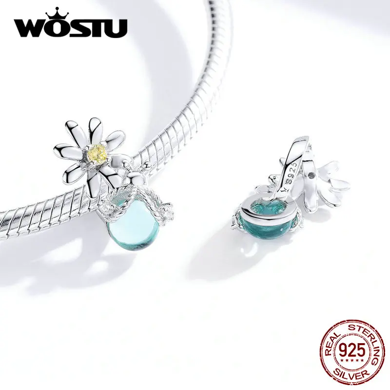 WOSTU, 925 пробы, Серебряный цветок маргаритки и светлячки, бусины, шарм, подходит к оригинальному браслету, подвеска, хорошее серебро, 925, ювелирное изделие, CQC1369