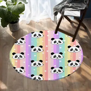 

Color Striped Small Panda Head Round Area Rug Kids Play Mat Circle Carpet Cartoon Style Room Entryway Mat for Living Room