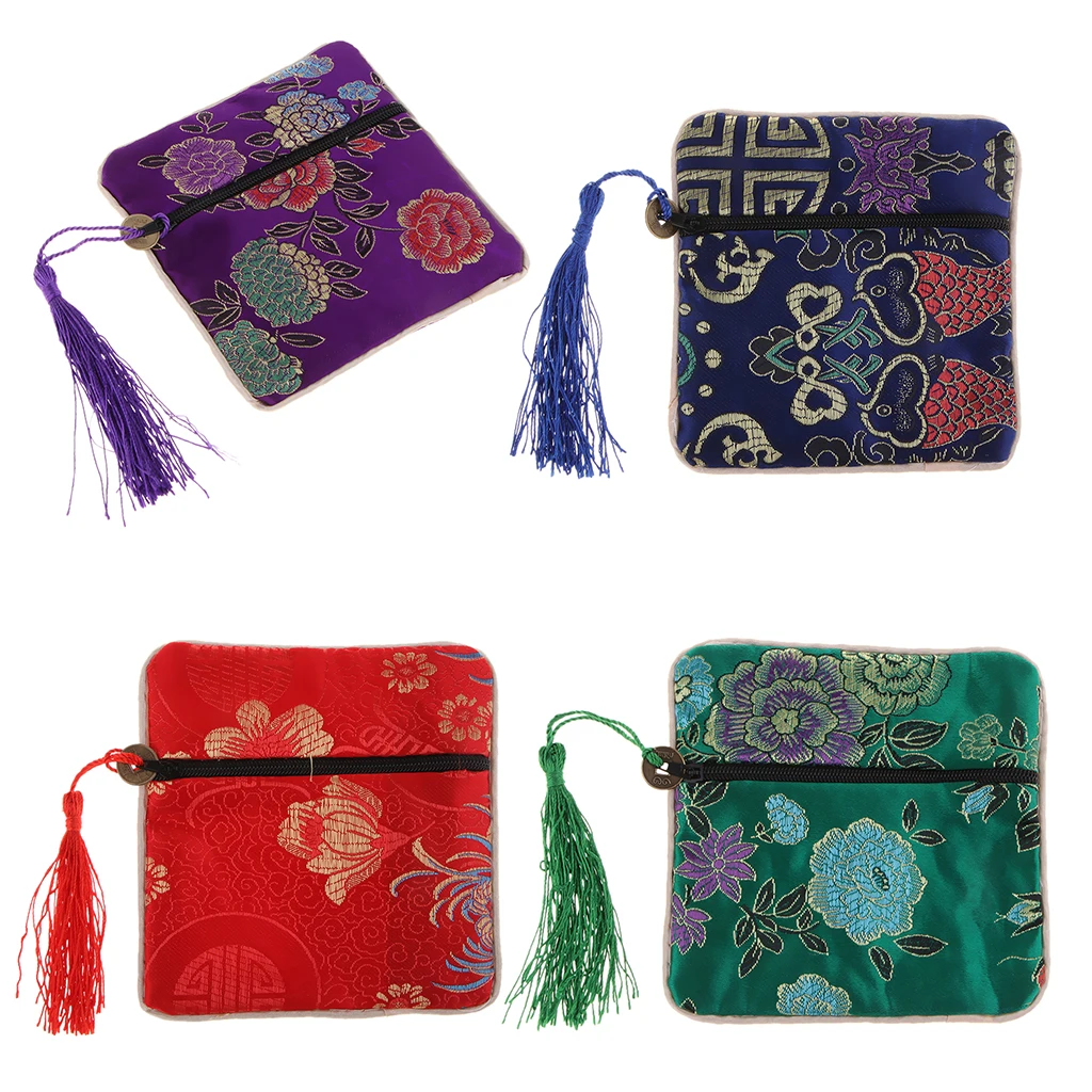 Vintage Guzheng Nail Tape Bag Pouch Chinese Element Silk Brocade Purse with Tassel Decor