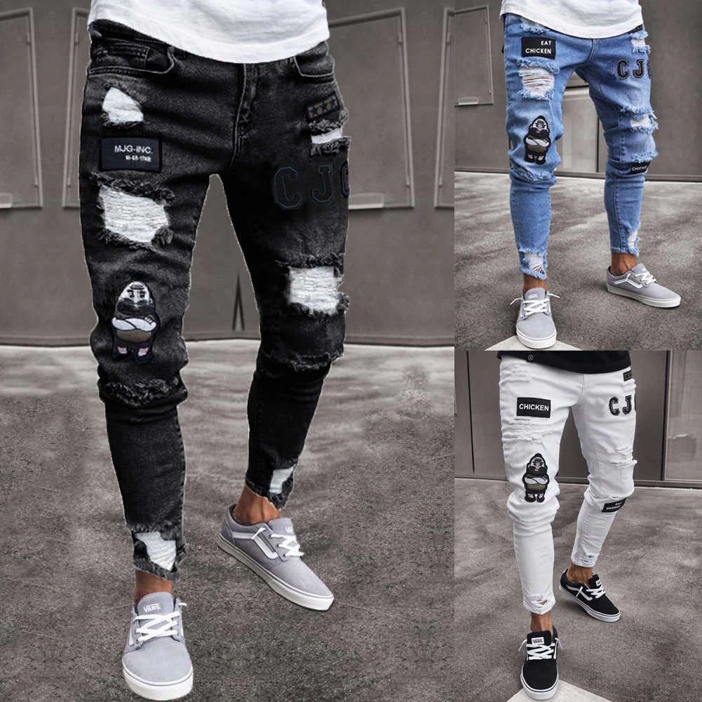 3 вида стилей, мужские эластичные рваные обтягивающие байкерские джинсы с вышивкой и принтом, джинсы с прорезями и прорезями, узкие джинсы, поцарапанные джинсы высокого качества
