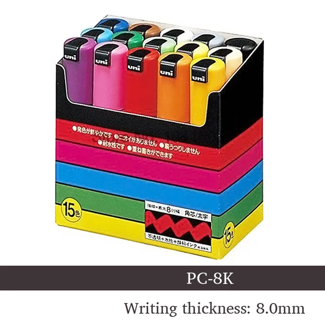 PC-8K 15 colors UNI POSCA маркер для белой доски PC-1M PC-3M PC-5M комплект плаката POP реклама ручка Краски Ручка Картина в стиле комикса с круглой головкой воды художественный маркер - Цвет: PC-8K 15 colors