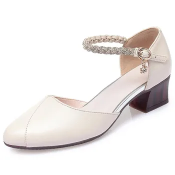 

2020 New Summer Round Head Rhinestone Top Cowhide Leather Sandals Women Sandals Elegant Comfort High Heel Shoes Fashion Sandals