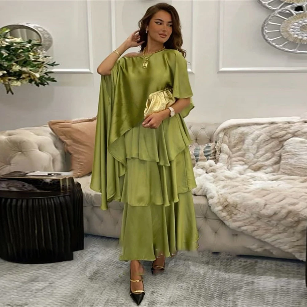 

Laxsesu Dubai Arabic Evening Dresses Silk Satin Sleeves Tiered Ankle Length Celebrity Party Dress 2022 Simple Prom Gowns
